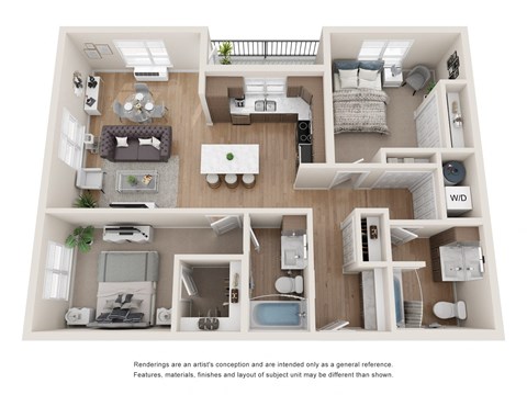 Floor plan for 2 beds, 2 baths, 1019 sqft